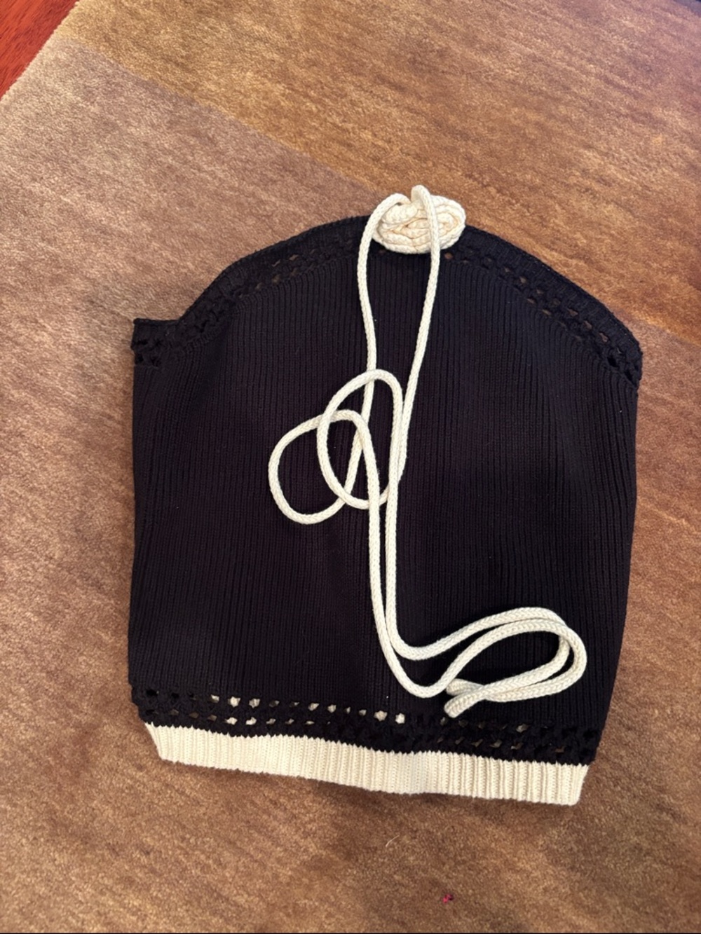 Black Knit Halter Sweater Top with Cream Trim